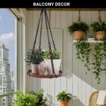 SUREAM Macrame Plant Hanger, Handmade Cotton Plant Hangers with Wood Tray, Flower Pot Holder for Living Room Bedroom Kitchen Decor